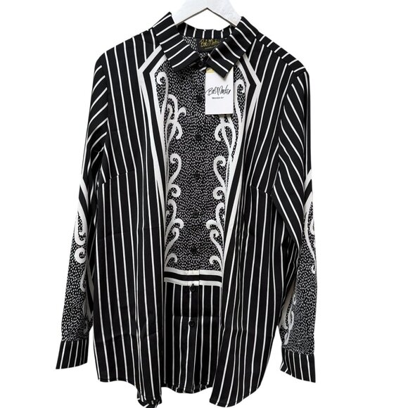 Bob Mackie Luxe Blouse Size Large Black White Womens Top Button Up NWT - Picture 1 of 11